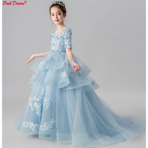 POSH DREAM Light Blue Children Flower Wedding Party Dresses Long Train Tail Girl Princess Flower Children Evening Prom Dresses