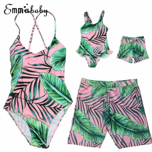 Family Matching One-piece Swimsuit Mother Daughter V neck Sexy Backless Tied Leaves Monokini 2018 Beach Bathing Suit Swimwear