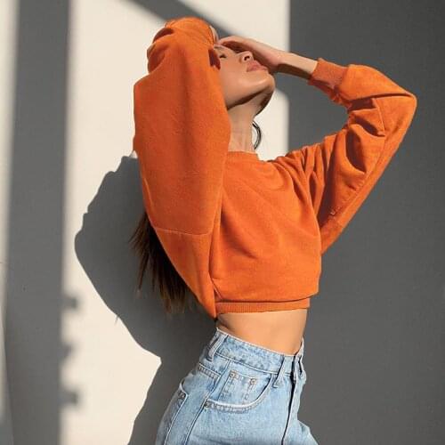 MUICHES Sport O-Neck Short Pullovers Woman Batwing Sleeve Showing Waist Orrange Basic Solid Tops 2021 New Autumn Fashion Office