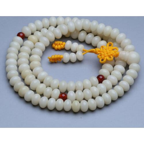 Tibetan Buddhism 108 White Bodhi Root Flat beads Prayer Beads Mala Necklace