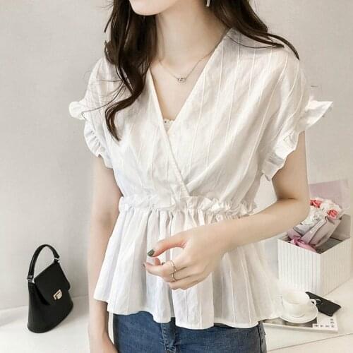 Tops shorts blusa branca para as mulheres tarja Com Decote Em V Manga Borboleta top plus size