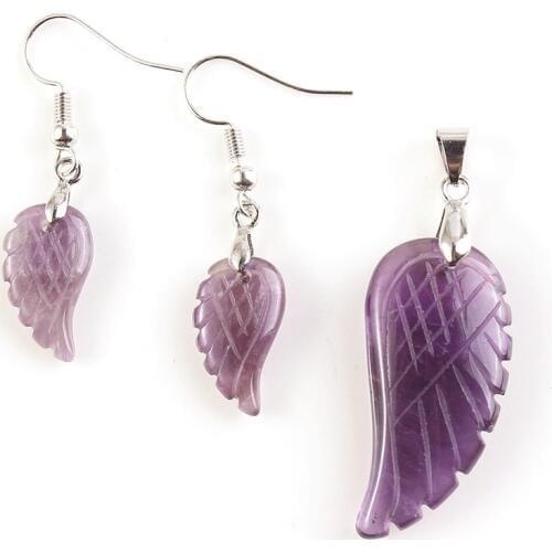 FYJS Unique Silver Plated Angel Wing Natural Purple Amethysts Pendant with Stone Earrings Jewelry Sets