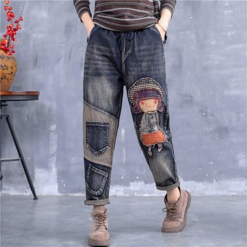 High Quality Women M-XL Retro Patch Embroidered Loose Jeans Oversize High Waist Cartoon Casual Harem Pants Cool
