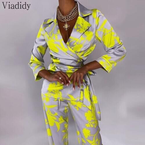 Women Satin Long Sleeve Turn-down Collar Blouse and Pants Set Comfortable Printing Casual 2pcs Suit Fashion Loose Home Wear