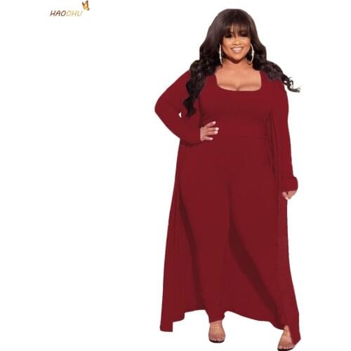 HAOOHU Womens Clothing Plus Size Sets 2021 Solid Color Long Sleeve Casual Suits Autumn High Elastic Sunken Stripe Three-Piece