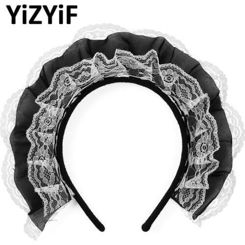 Womens Gothic Anime Maid Cosplay Hair Hoop Lace Ruffles Handmade Headband Hair Hoop Headwear Hair Accessory Sexy Maid Cosplay