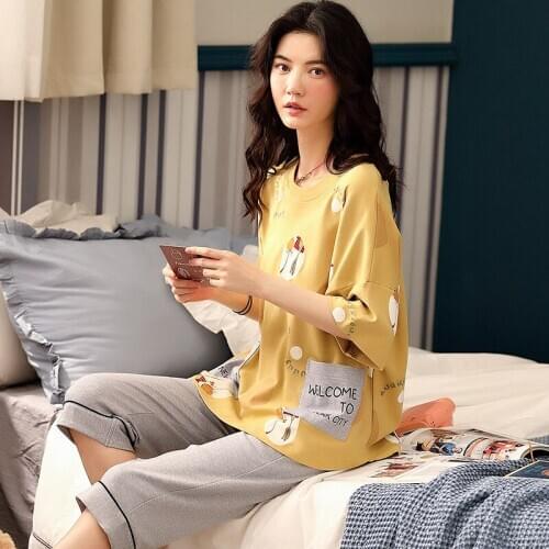 Women Thin Pure Cotton Short Sleeve Fresh Sweet Lovely Cartoon Knee Length Pants Loose Leisurewear Suit