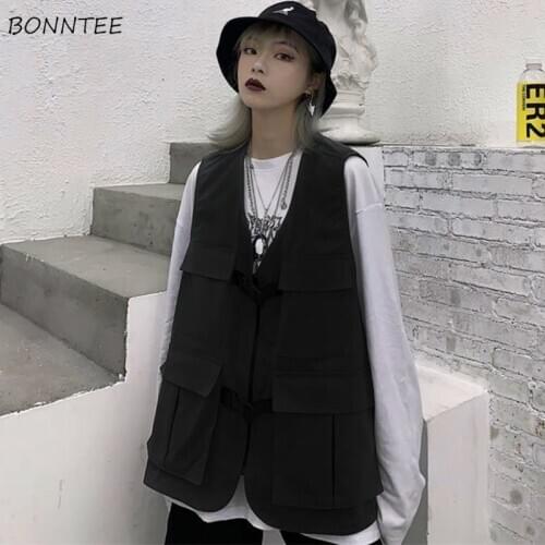 Women Vests Solid Harajuku Fashionable Chic Loose V-Neck Leisure All-match Female Waistcoats Daily Autumn Korean Style Stylish
