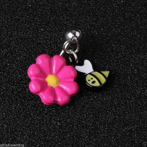 Fashion New Women Rings Dangle Bee Pink Cute New Ring Belly Flower Piercings Button Navel