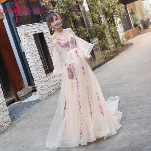 Beauty Emily New Style Lace Embroidery V Neck Evening Dress Long Charming Spaghetti Strap Lace Up Back Evening Gowns for Women