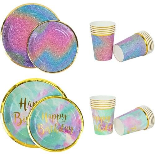 10pcs/lot Bronzing Rainbow Color Disposable Tableware Paper Cups Plates Wedding Decoration Happy Birthday Starry Party Supplies