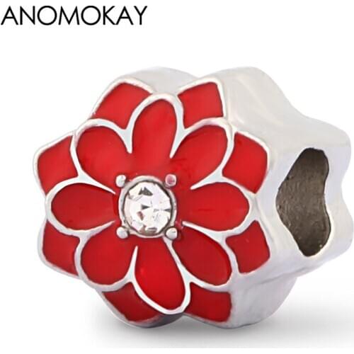 Anomokay Classic Red Enamel Blooming Flowers Charms fit Bracelets & Bangles Fashion Crystal Plant Beads for Women Girl 2 Pcs/Lot