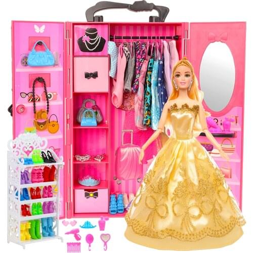 Doll House Funiture 108 Items =1 Wardrobe +107 Accessories Dress Crown Necklace Shoes Cup Glasses For Barbie DIY Toys Gift Girl