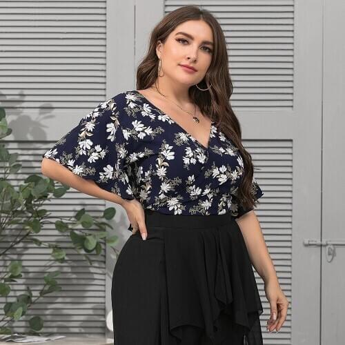Spring Summer Blouses XL To 4XL Plus Size Women Shirts Deep V Blackless Loose Print Sexy Blusas De Mujer TJR0104