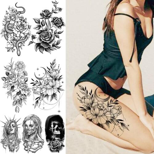 Black Flower Moon Temporary Tattoos For Women Girls Realistic Snake Flower Thigh Face Skull Fake Tattoo Sticker Leg Tatoos