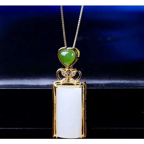 Hetian Baiyu Silver Inlay Pendant White Jade Square Pendant h11