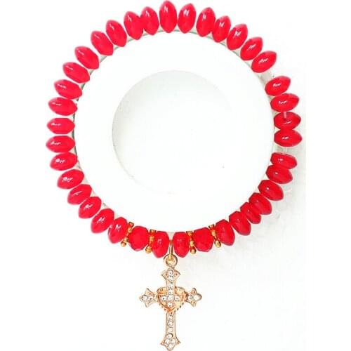 ISINYEE Fashion Glass Crystal Beads Cross Charms Bracelets Femme For Women Girls Elegant Christian Religious Jewelry