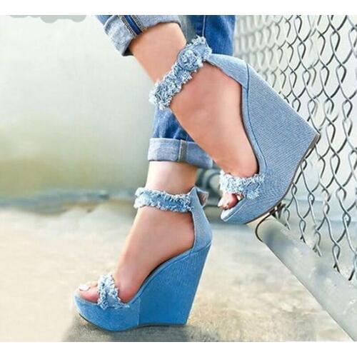 New Fashion Blue Denim Ankle Strap Sandals High Heel Platform Wedges Sexy Zip Female Women Party Dress Ripped Sandals 2019