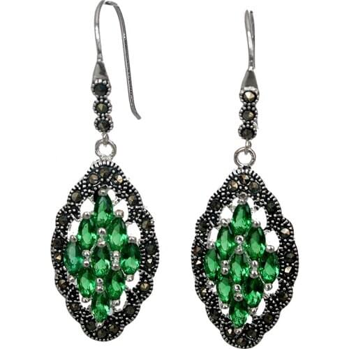 Genuine 925 Silver green Crystal Art Style Marcasite Earrings 2"
