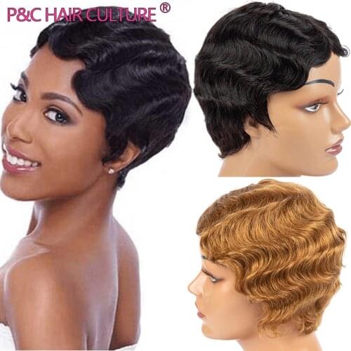 Finger Wave Wig Synthetic Human Hair Wigs Short Vintage Ombre Pixie Cut Wig For Black Women Glueless Retro High Quality Perruque