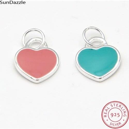 Genuine Real Pure Solid 925 Sterling Silver Pink Green Heart Pendant for Necklace Bracelet Suspension Jewelry Making Findings