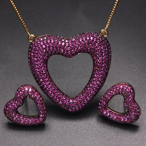 Luxury Heart Shape Jewelry Sets For Women Full Paved Multicolor Zirconia Stud Earrings Pendant Necklaces Gold Bridal Wedding Set