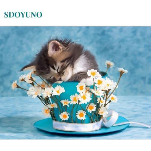 SDOYUNO 60x75cm Frame Cats in Flower Pots Painting By Numbers DIY Wall Decor Wedding Decoration Canvas Painting For Unique Gift