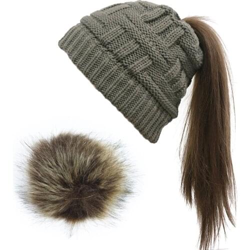 HanXi Faux Fur Pom poms Beanie Women Winter Hats Crochet Knitted Bamboo Ski Cap Skullies Beanies Warm Caps Ladies