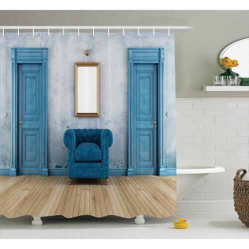 Blue Shower Curtain Antique Empty Room with Two Doors Armchair and Simple Mirror with Golden Color Frame Fabric Bath Set