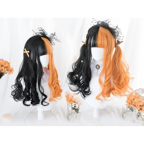 Mixed Black Orange Lolita Wig Harajuku Chich Long Curly Synthetic Hair Body Wave Culrs Fringe Bangs Adult Girls Halloween Evil