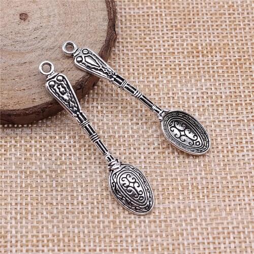 WYSIWYG 5pcs Antique Silver Color 10x49mm Vintage Carved Spoon Charms Pendant For Jewelry Making Diy Jewelry Findings