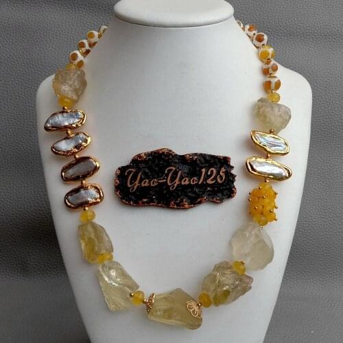 YYGEM Natural Lemon Quartz Rough round Agate White Biwa freshwater Pearl Round choker Necklace 21" for women