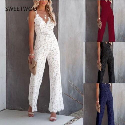 Women V Neck Strap Sexy Jumpsuit Sleeveless Lace Embroidery Playsuits Night Party Clubwear Rompers Bodycon One Piece Overalls