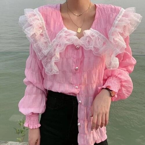 Blouse Women Fall 2020 Lace Cappa Pleated Flared Sleeve Shirt for Women Blusas Ropa De Mujer
