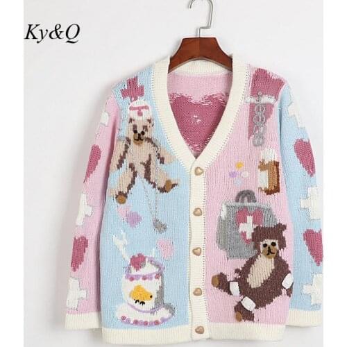 Luxury Brand 2021 Autumn Winter Bear Knitted Cardigan Women European Soft Retro Hand Embroidered Sweet Lovely Sweater Coat