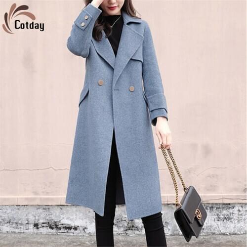 Cotday Two Buckles Blue Long Slim Woolen Blend Outerwear V Neck High Quality Women Casual Overcoat Winter Clothes Elegant Coat