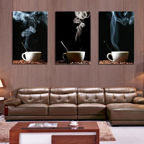 3 Panels Modern Abstract Printed Stil Life Coffee Paintings Canvas Art Coffee Cup Smoke Wall Pictures For Living Room Kitchen