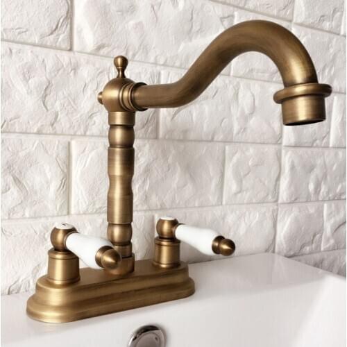 Antique Brass 4" Centerset Kitchen Bathroom Vessel Sink Two Holes Basin Swivel Faucet Dual Ceramics Handles Water Tap aan065