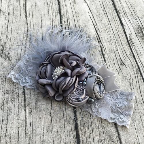 Free Shipping Grey Dupioni Silk Flower Girl Headband Kids Hair Accessories Photo Prop