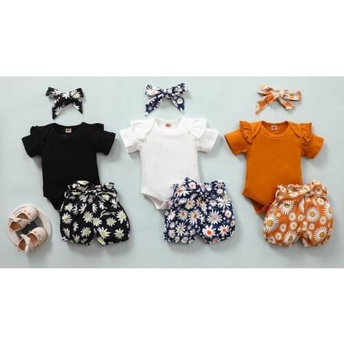 0-24M Newborn Baby Girl Short Sleeve Bodysuit Tops Floral Shorts Bottom Headband 3PCS Baby Clothing Set