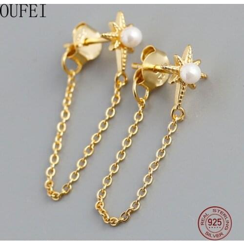 Chain Stud Earrings 925 Sterling Silver Pearl Earrings Star Fine Girl Gift A Pair Of Earrings Chain Fine Jewelry Accessories