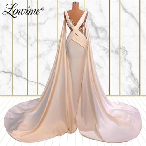 Lowime Dubai Arabic Long Evening Dresses 2021 Newest Elegant V Neck Crystals Beaded Prom Dress Middle East Women Party Gowns