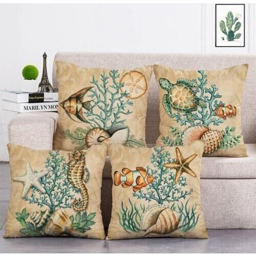 Blue Marine Cotton Linen Pillow Cover Ocean Sea Shell Throw Cushion Pillowcase Cushion Cover Sofa Decoration Pillowcover T276