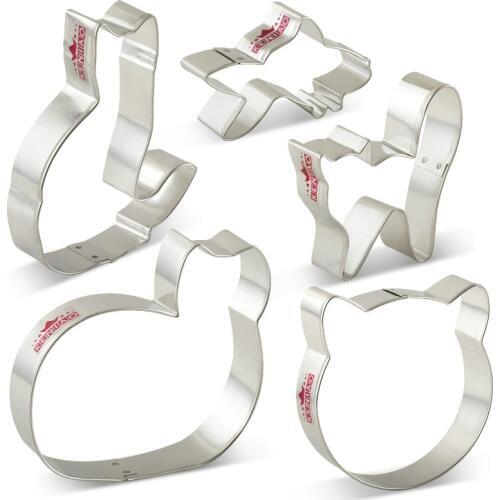 KENIAO Cat Cookie Cutters Set - 5 Piece -Cat Face, Sitting/Curled/Frightened(Halloween) Cat & Goldfish Cutter - Stainless Steel