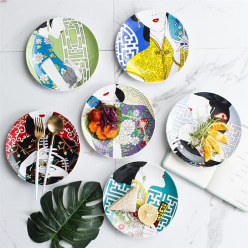 Ceramic Dinner Plate Creative Chinese Cheongsam Women Totem Wall Hanging Decorative Dishes Kitchen Dessert Steak Plate Tableware