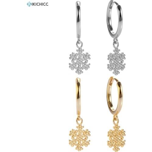 Kikichicc 925 Solid Silver Jewelry Snowflake Drop Dangle Earrings 18K Gold Plated Flower Small 12MM Hoop Piercing Ohrringe