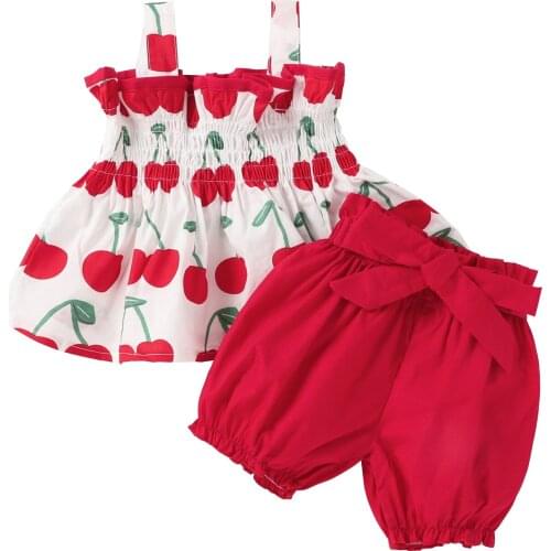 Baby Girls Two-piece Clothes Set, Cherries Printed Pattern Boat Neck Camisole and Shorts, Yellow/ Red