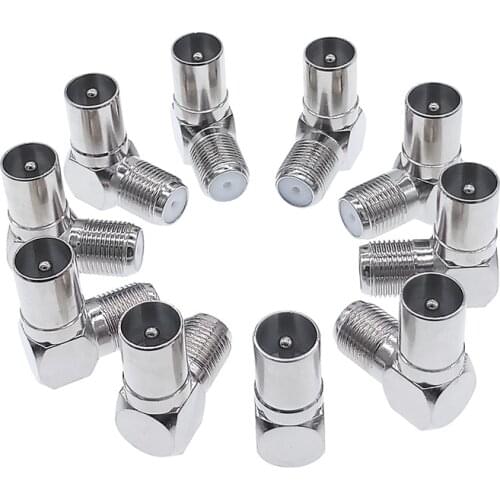 10pcs 90 Degree Right Angled F Connector TV Aerial Cable Connector RF Coaxial F Female Socket to TV Male Plug Coaxial Connector