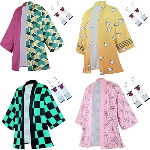 Demon Slayer Cosplay Costume Anime Kimetsu No Yaiba 3D Printing Tops Kimono Kamado Tanjirou Earring Set Casual Cloaks Halloween