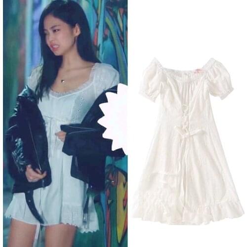 Kpop Seo Yea Ji IU Lee Ji Eun summer korean one word shoulders white fairy dress women streetwear sweet dresses girls clothes